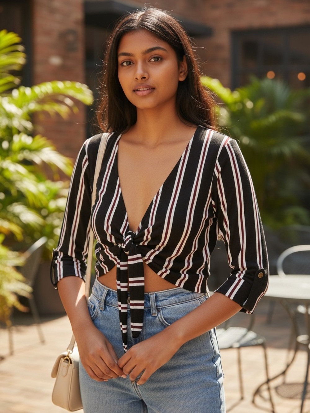 Polly & Esther Black, White & Red Striped Tie-Front Crop Top Boho Y2K